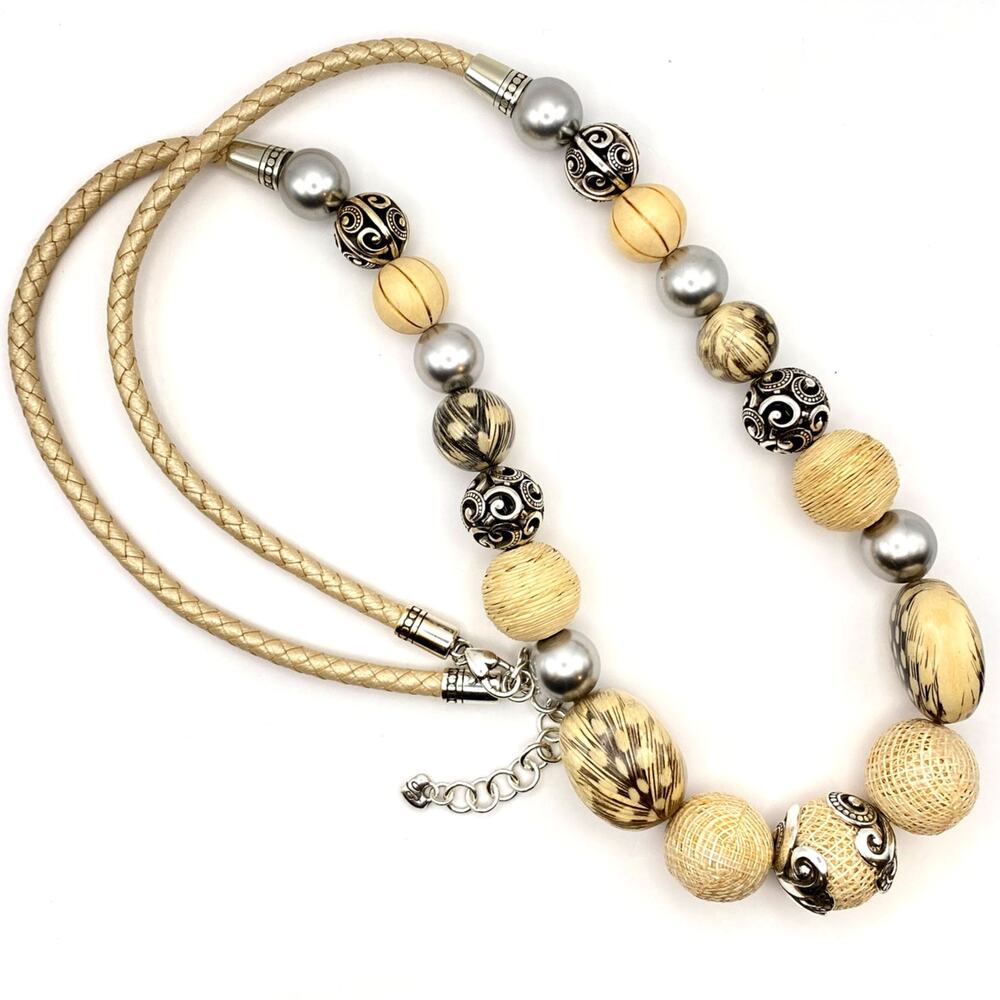 NWOT BRIGHTON Silver Plated Bead Necklace Woven Leather Cord Nut Faux Pearl 32"
